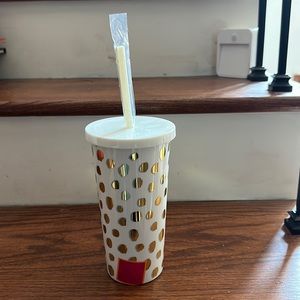 NWT Kate Spade Insulated Plastic Tumbler w Reusable Straw, 20 Ounces, Gold Dots
